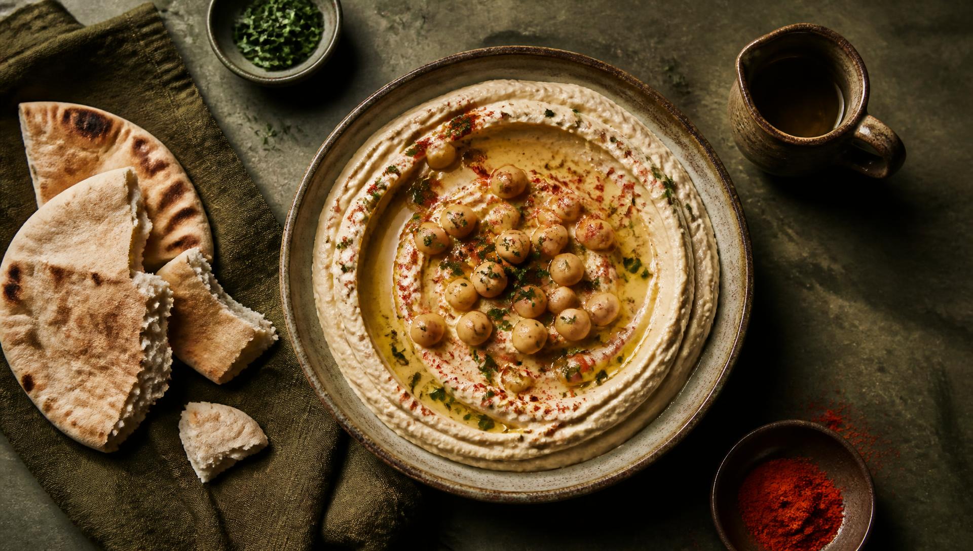 A plate of hummus with olive oil, chickpeas and warm pita
